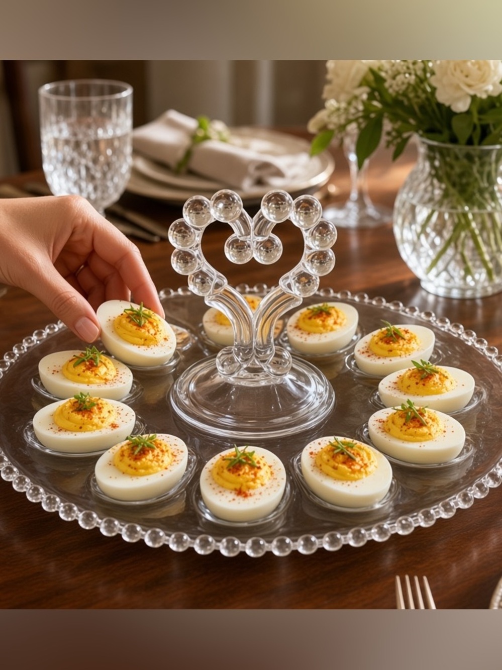 Imperial Clear Glass Candlewick Vintage Deviled Egg Tray with Heart Handle